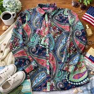 Boho Grandma Paisley Button Up Shirt L Colorful Floral Cottagecore Art Teacher